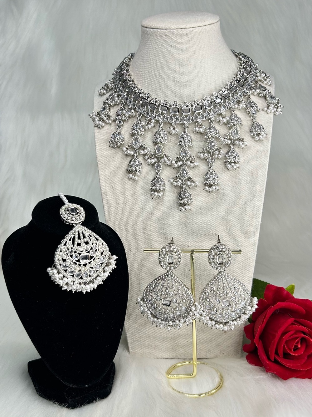 Elegant Silver Necklace With Earrings And Tikka Set